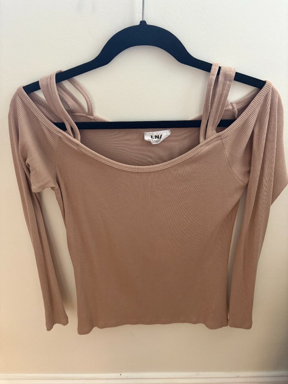 LNA Ribbed Cold Shoulder Top in Tan